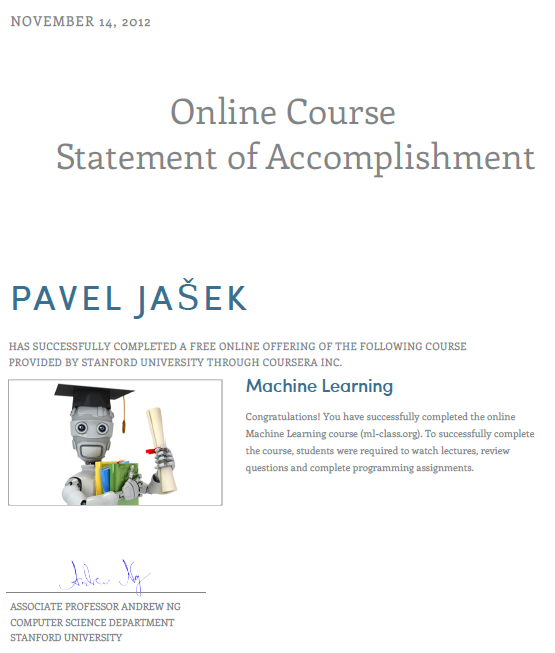 Certifikát z kurzu Machine Learning